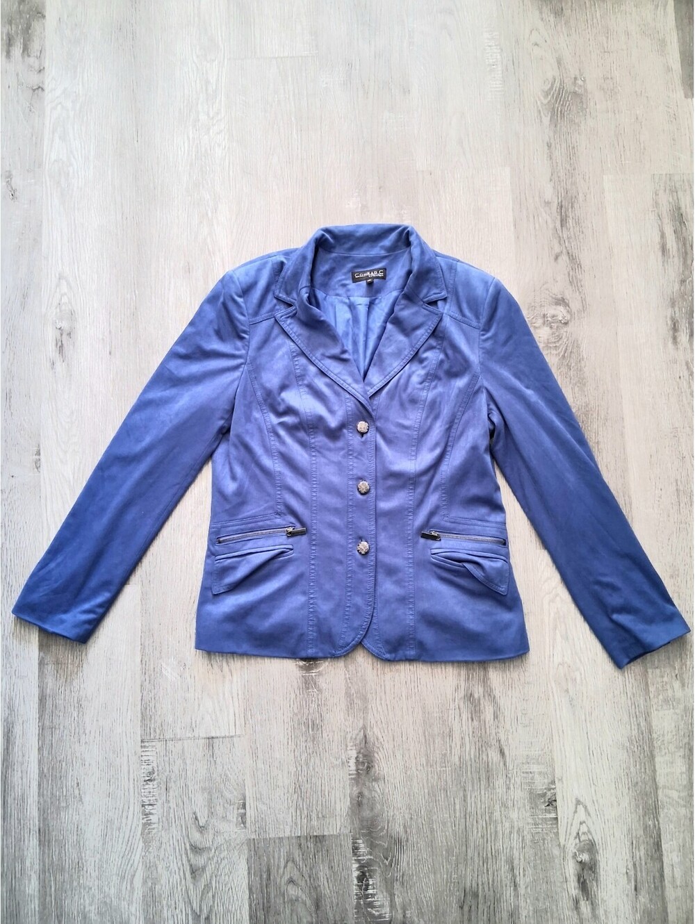 CONRAD C Women's Sz 10 (Med) Blue Zip Pocket Button Up Faux Suede Blazer Jacket